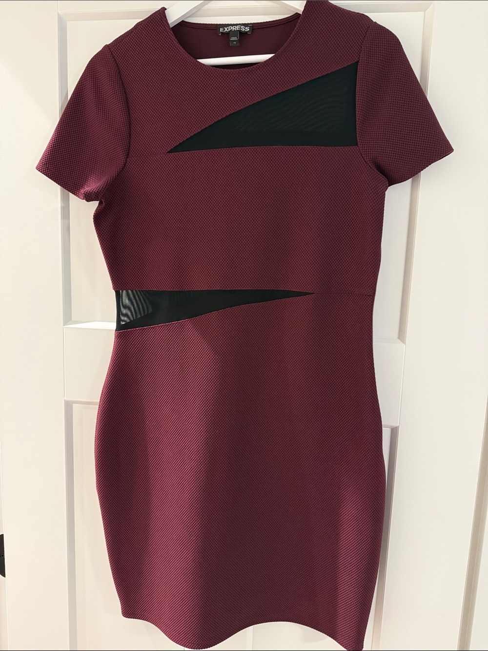 Express Bodycon Burgundy Dress with Black Mesh Cutouts